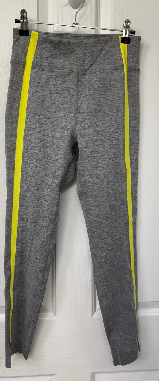 Zyia Active High Rise Neon Tape Light N Luxe Leggings gray split hems NWT 4